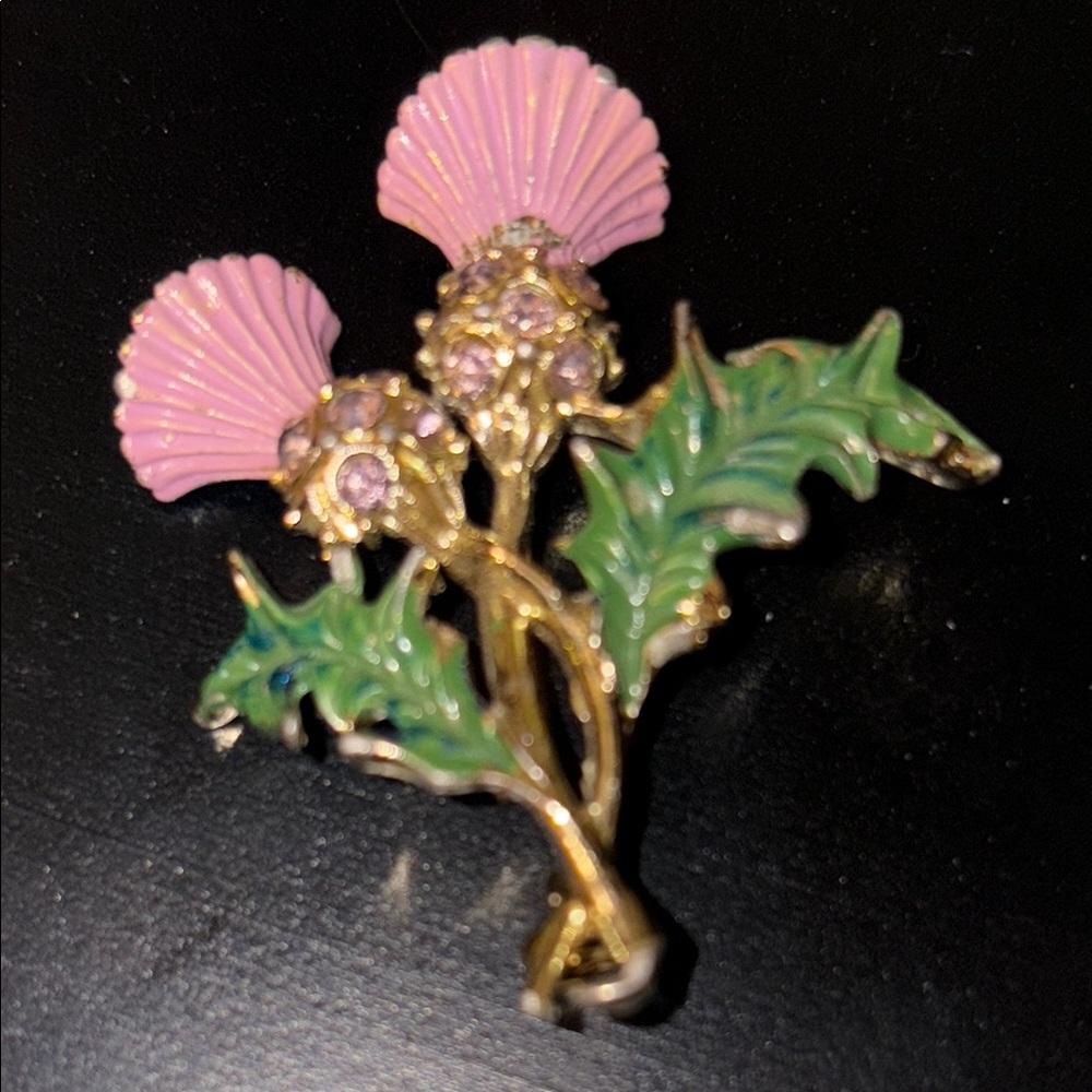 Vintage 1960s thistle brooch with enamel and rhinestones